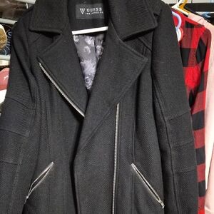 GUESS Women's Black Trench Coat with Silver Zippers